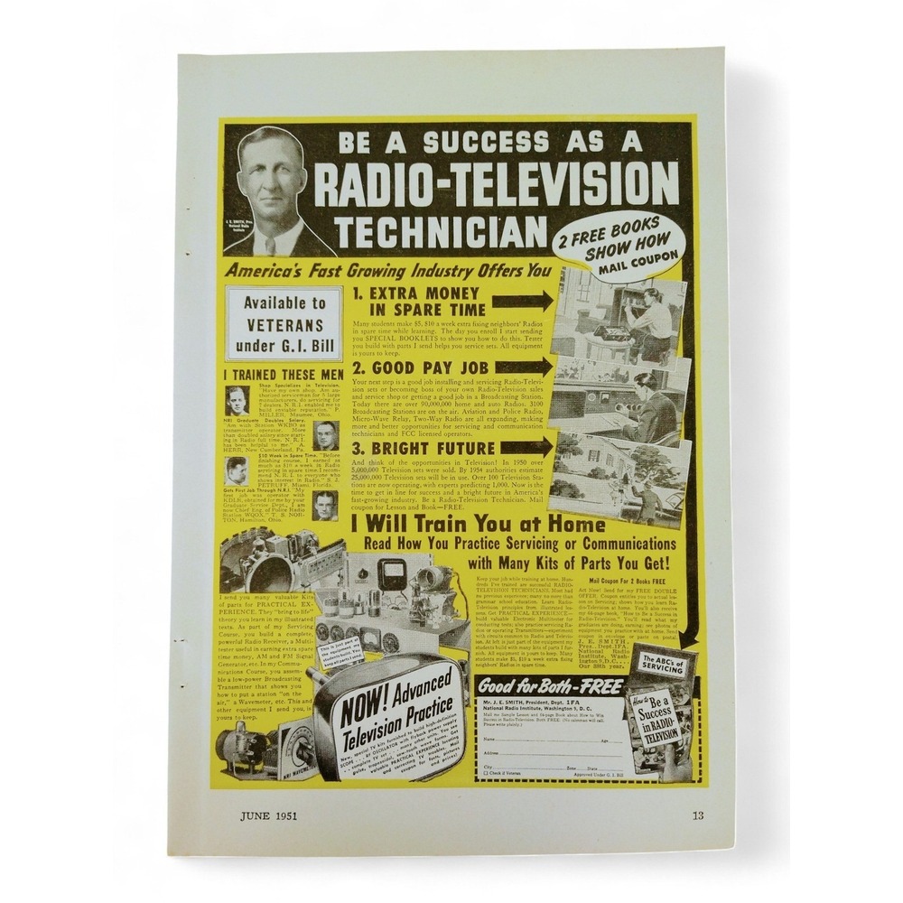 1951 Radio TV Technician Print Ad Yellow Career Training MCM Hustle‎ Ephemera